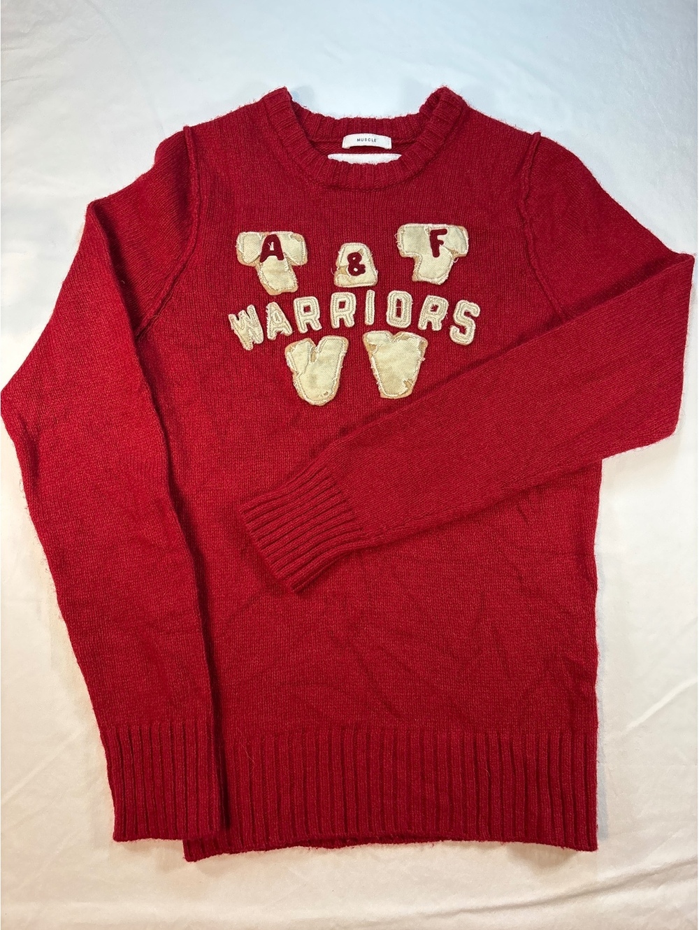 Abercrombie & Fitch Muscle Red Distressed Varsity Knit Sweater Smal
